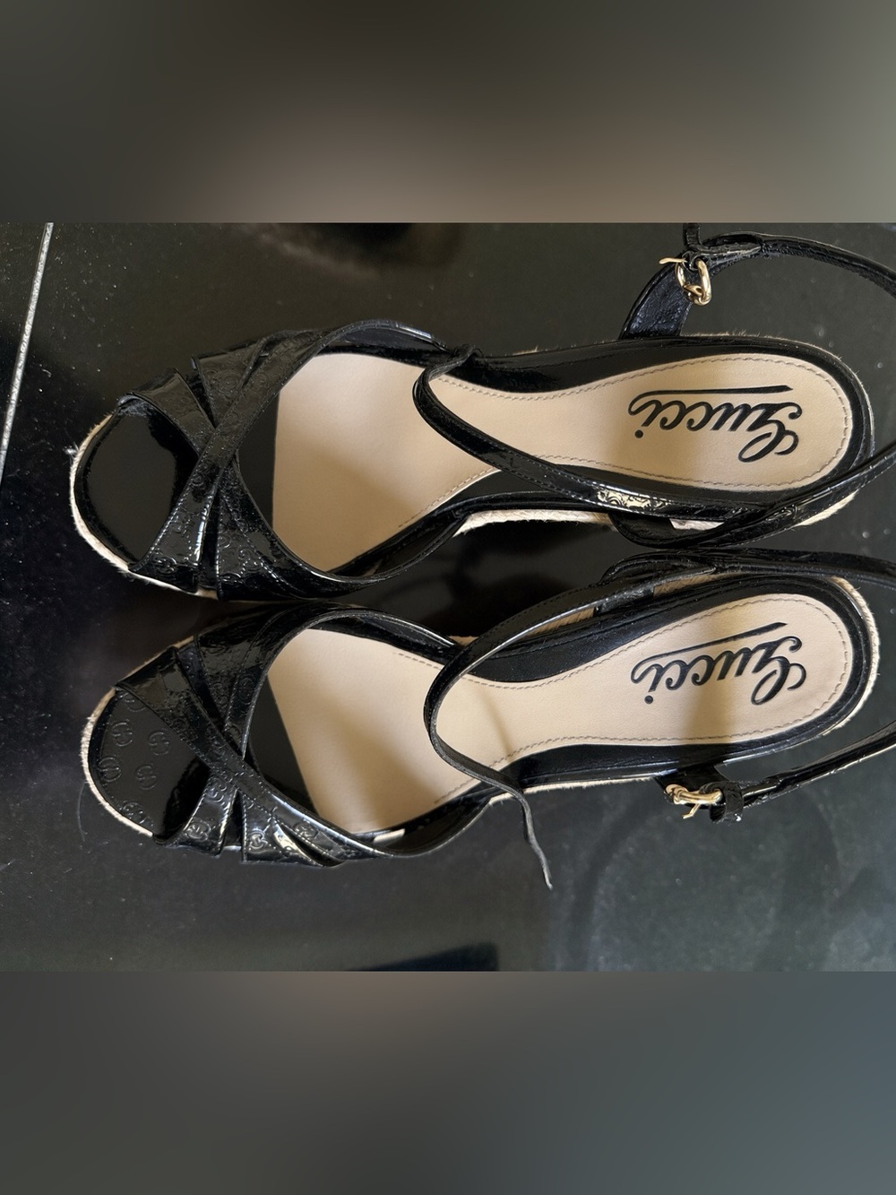 Gucci Black Patent Strappy Heeled Sandals